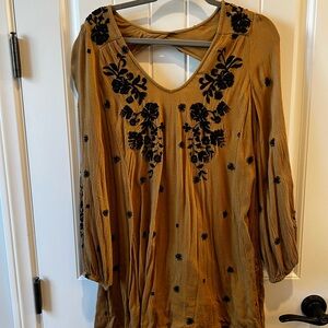 Free People Medium Mustard Long Sleeve Dress with Black Floral Embroidery